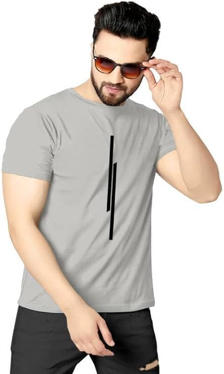 Solid Color Polyester Tshirt for Men, Half Sleeves, Round Neck,11 Lines Graphic, Light Weight, Comfortable T-Shirt for Men (Grey)