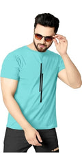 Men's Tshirt 100% Pure Polyester Tshirt for Men Round Neck Half Sleeves Comfortable Casual Tshirt (Cyan-Tshirt-S)